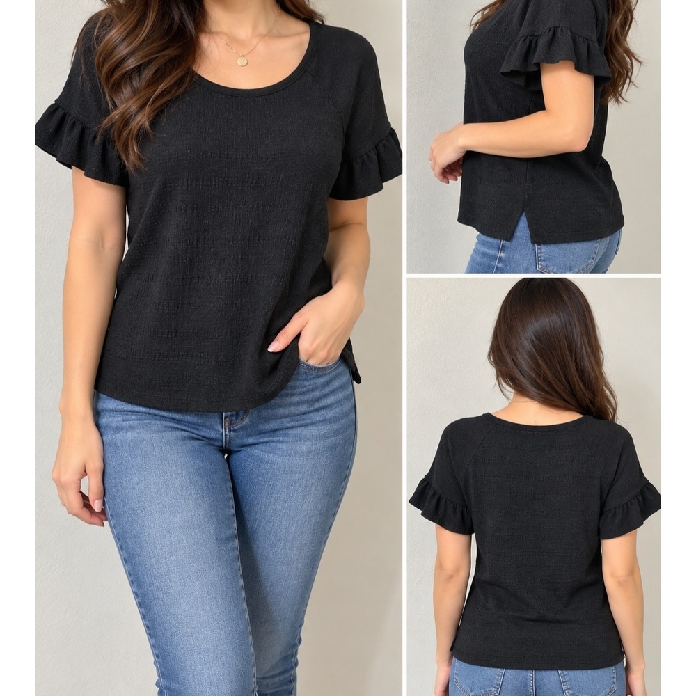 Max Studio London Black Ruffle Sleeve Textured Scoop Neck Top 4701S70 Small NEW